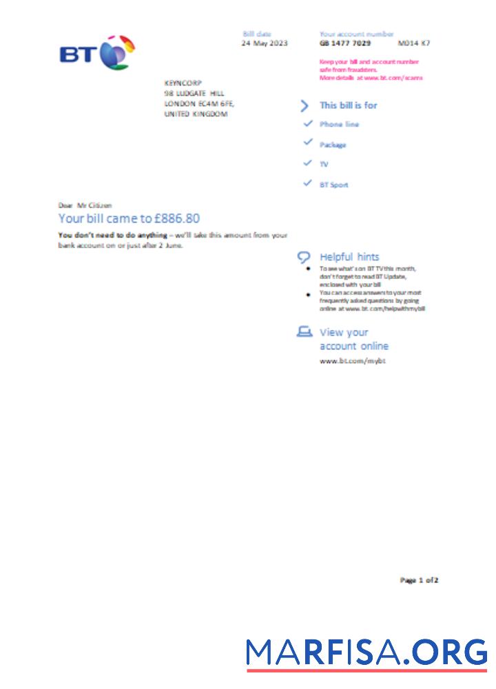 Printable BT utility business bill, page 1 SCR real example